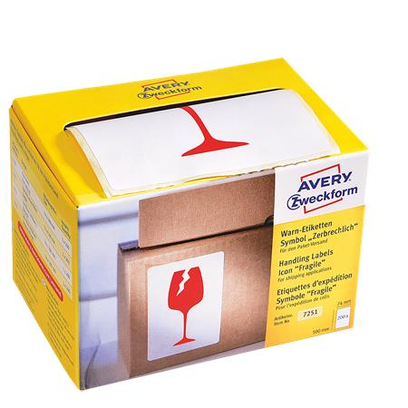 Jelölő, pohármatrica, "Törékeny, óvatosan kezelendő!", 74x100 mm, piros, AVERY ZWECKFORM, 200 etikett/csomag